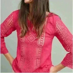Anthropologie Blue Tassel Fuschia Pink Blouse Size S Crochet Embroidered NWT $88
